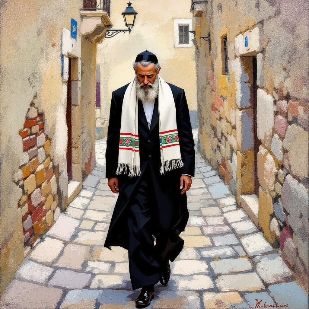 Contemplative Figure in Ancient Street: Artistic Rendition