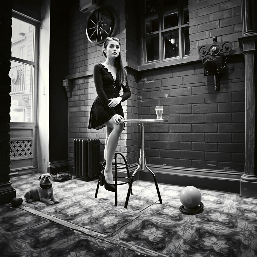 Goth Fashion Model in Moody Coffee Shop - Black and White Fi...