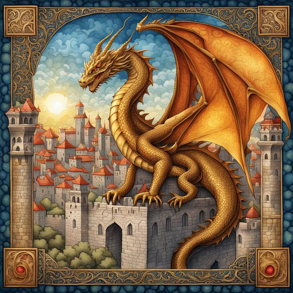 Dragon Coiled Around Medieval City: Illuminated Manuscript S...