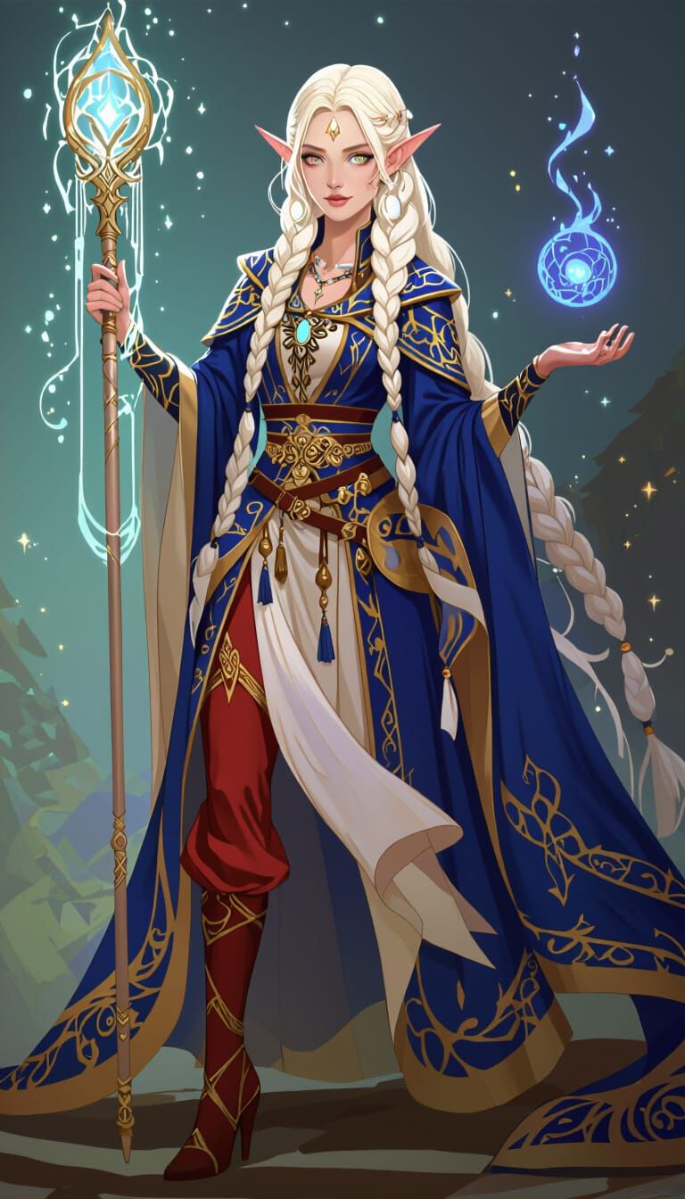 Eladrin Elf Sorcerer with Magic Staff in High Fantasy Style