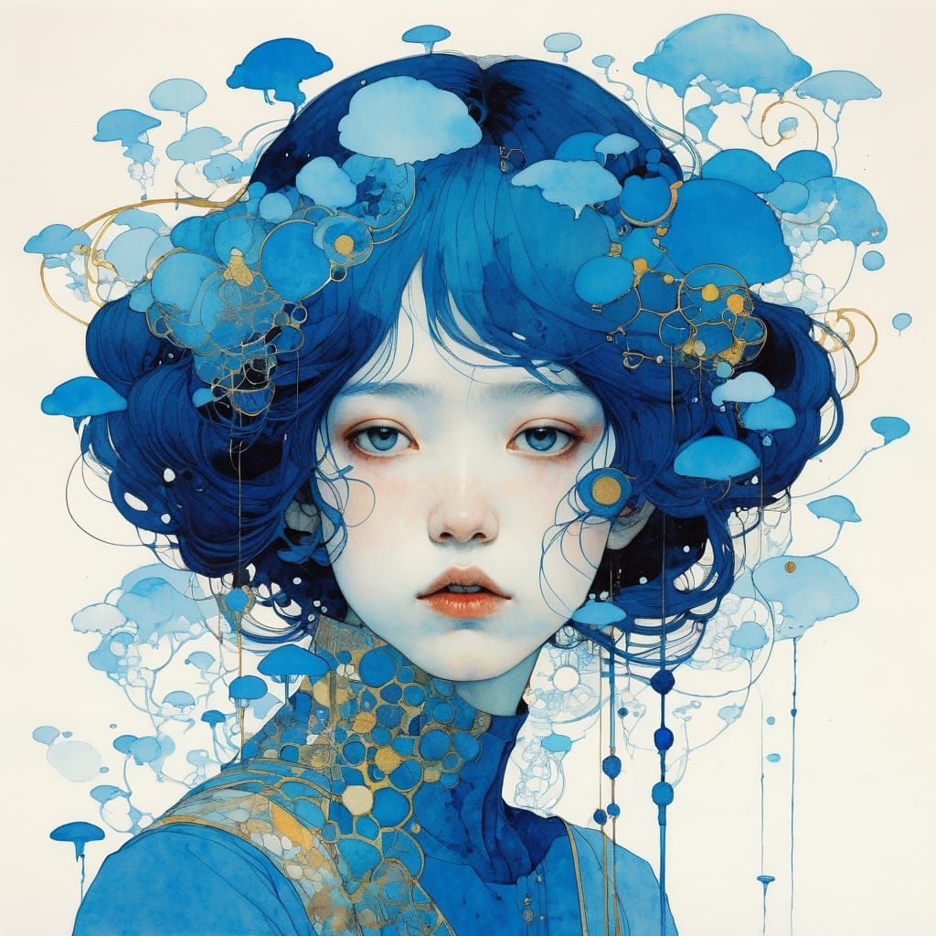 Surreal Blue Dreamscape in Art Nouveau Style