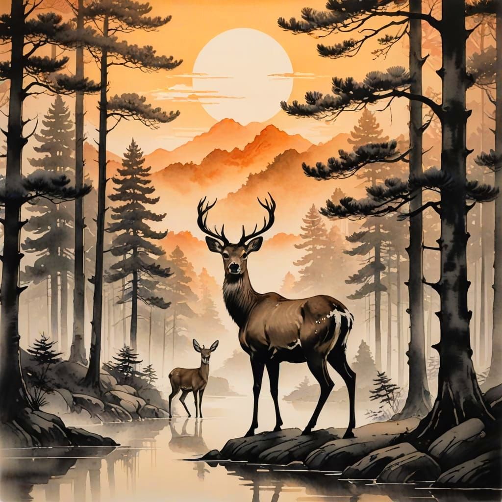 Ancient Pine Canopy Deer in Ethereal Sunset
