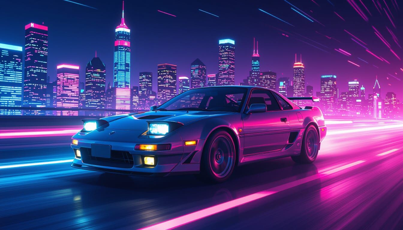 Toyota MR2 in a Synthwave Cityscape