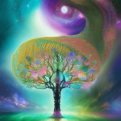 Celestial Yarn Tree Birthday Card in Digital Art Style