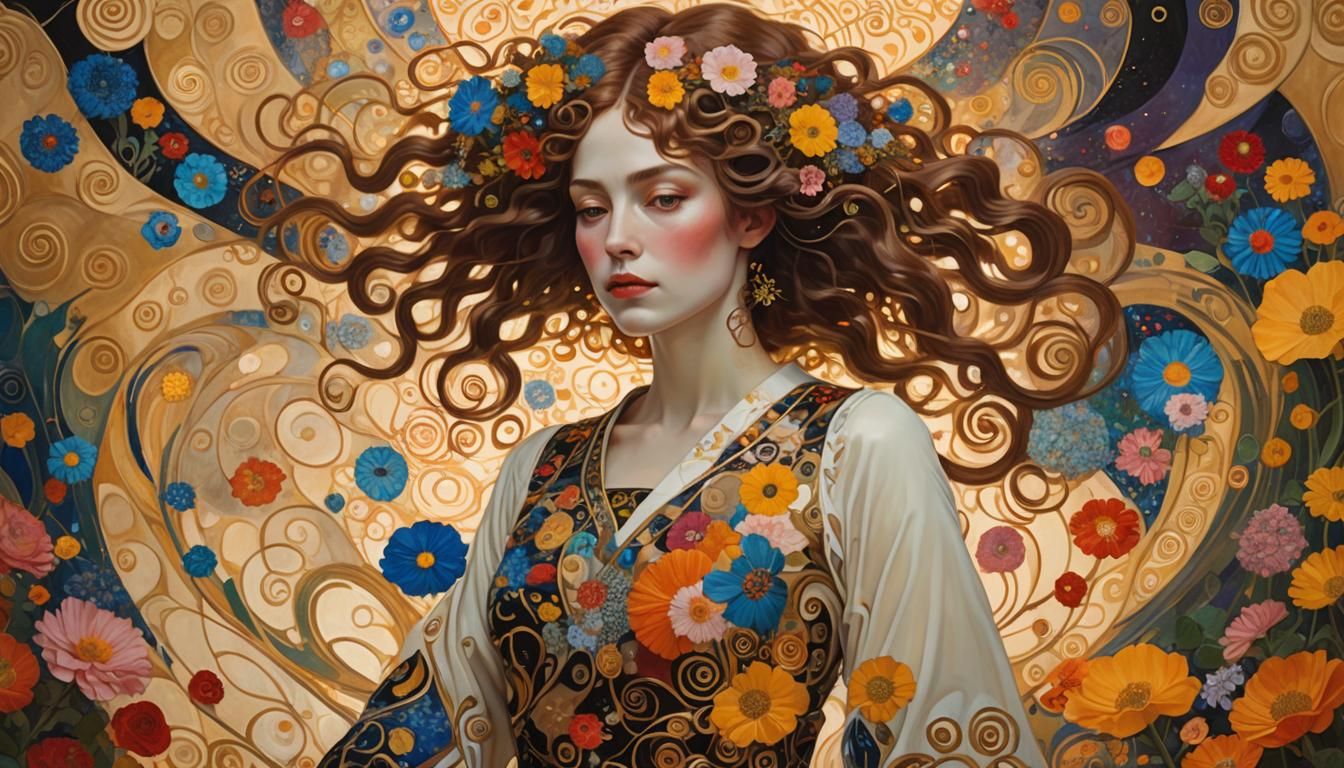 Surreal Woman in Vibrant World, Klimt-Inspired Art
