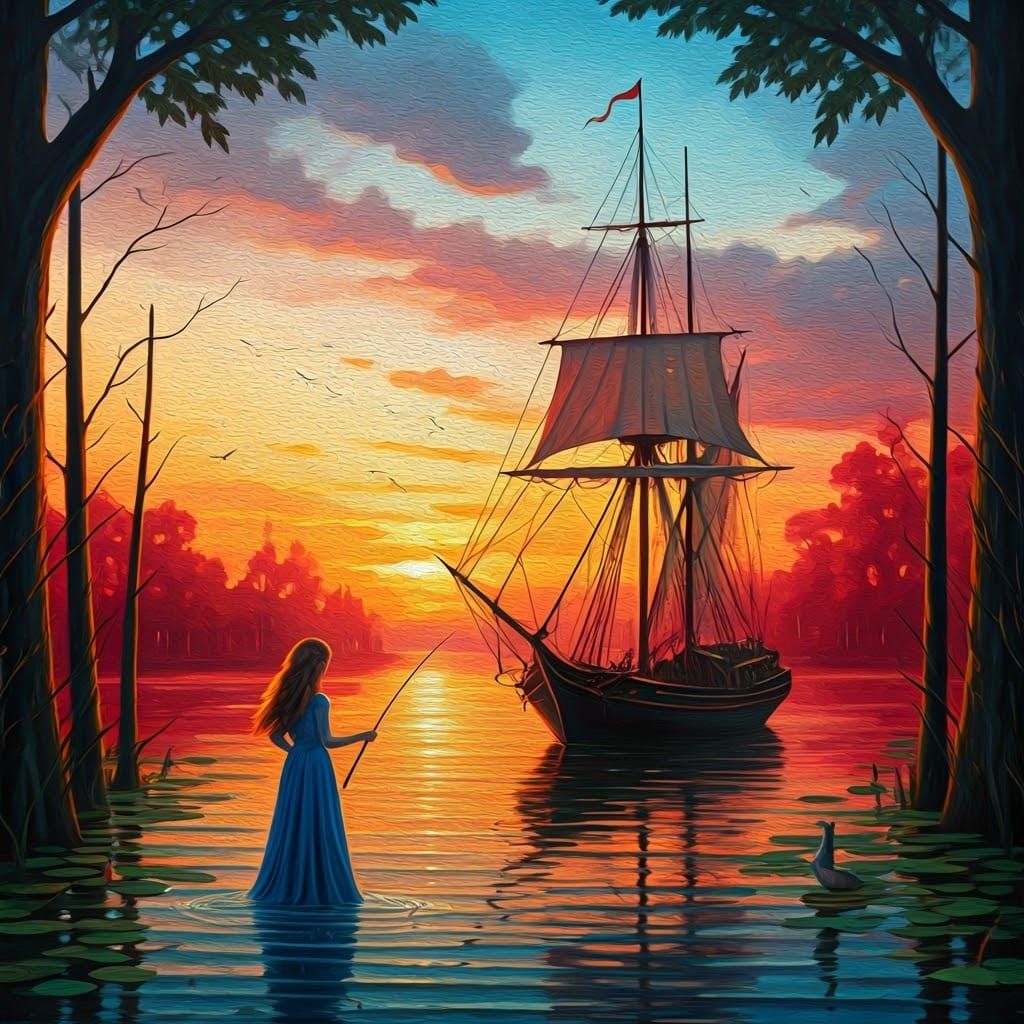 Woman, Heron, and Ship at Sunset in Venice