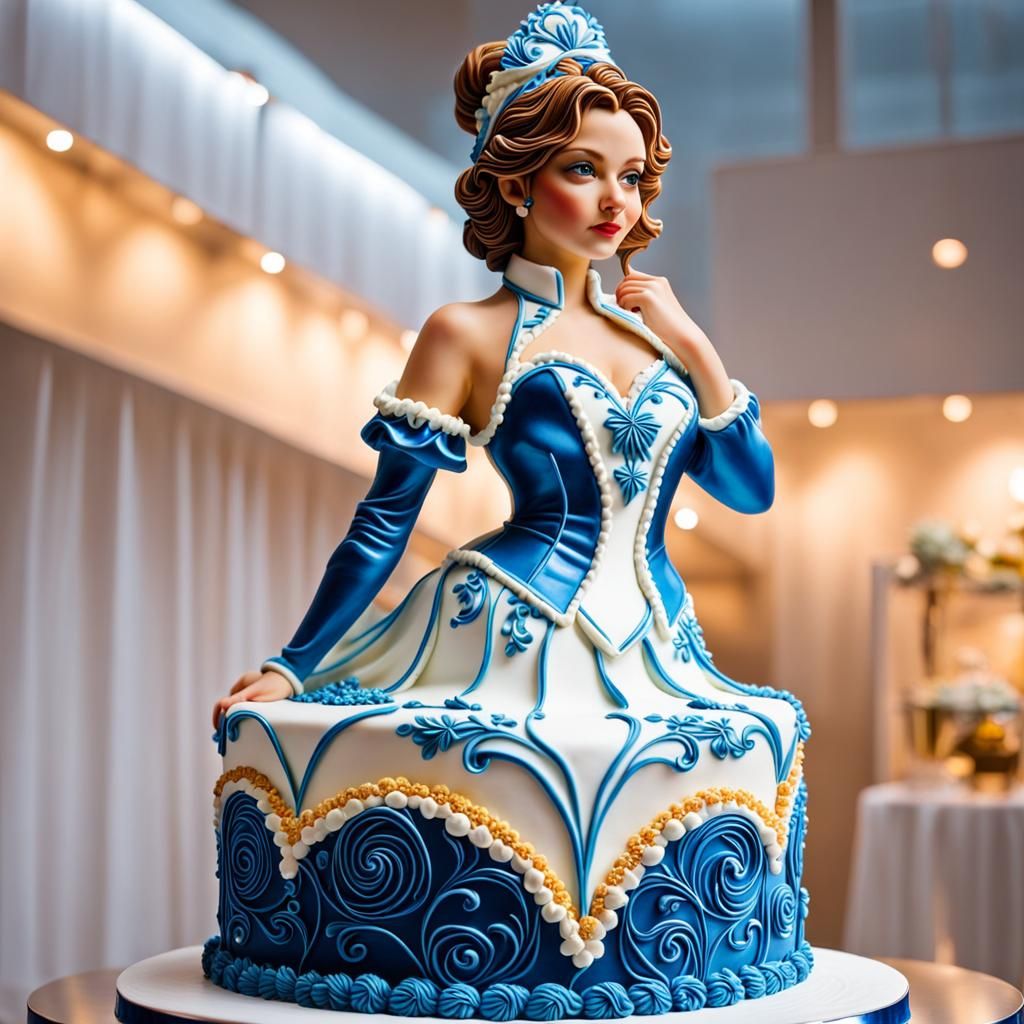 Photorealistic Cake Sculpture of a Woman in Warm, Metallic T...