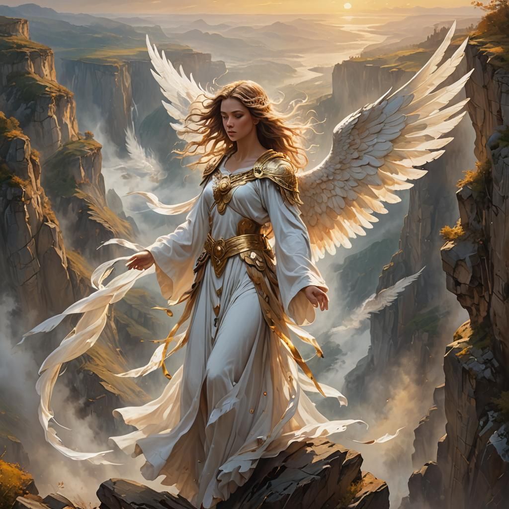 Angel Overlooking Mystical Landscape as Oil Painting