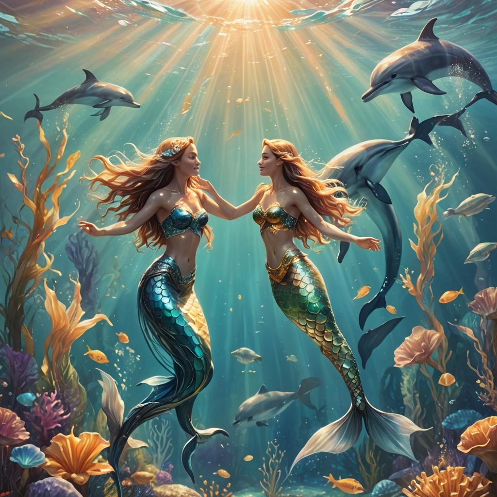 Enchanting Mermaid and Dolphin Duet: Expressionist Art
