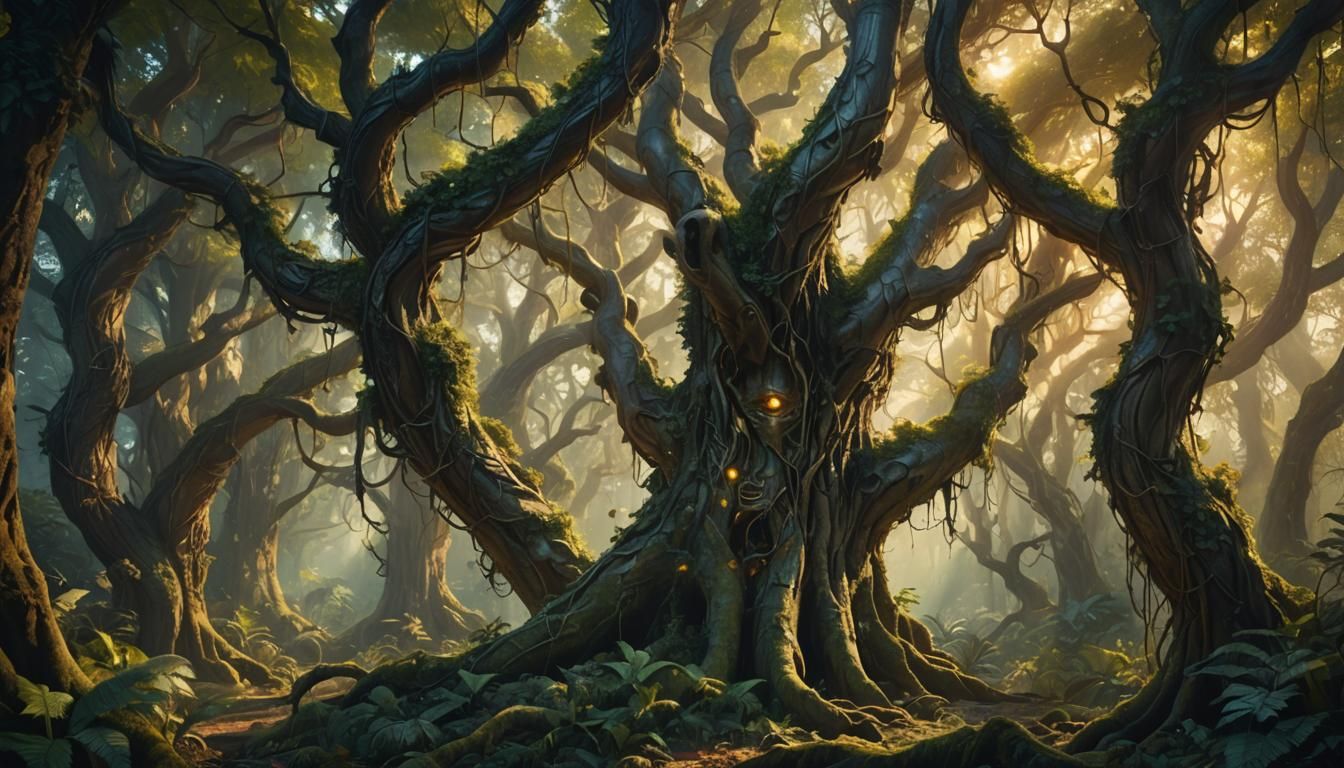 Mystical Forest with Carved Trees, Matte Painting