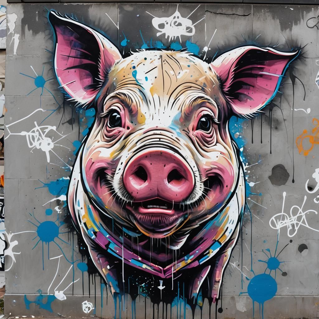 Graffiti Art of Crying Pig in Real Madrid Shirt at Bernabeu