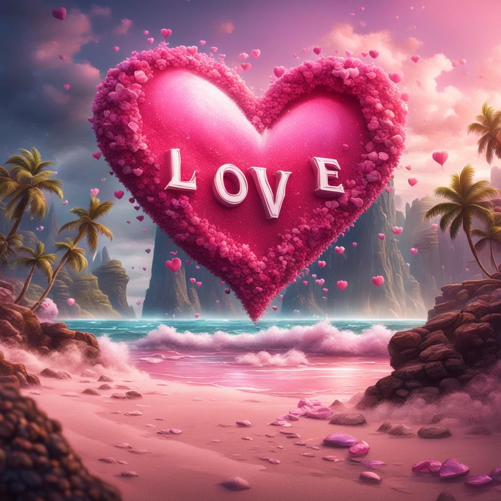 Romantic Beach Scene with Heart, Detailed Digital Art