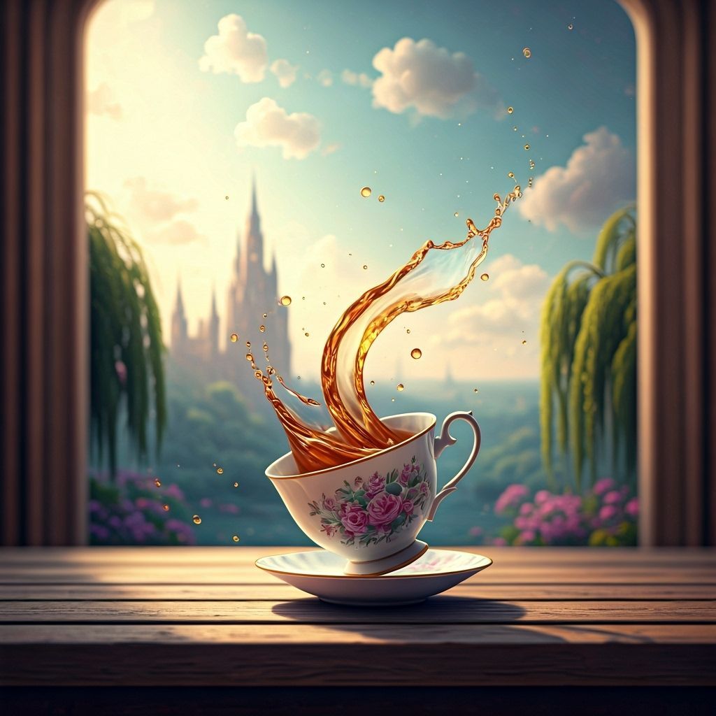 Teacup on the Brink: Surreal Watercolor Painting