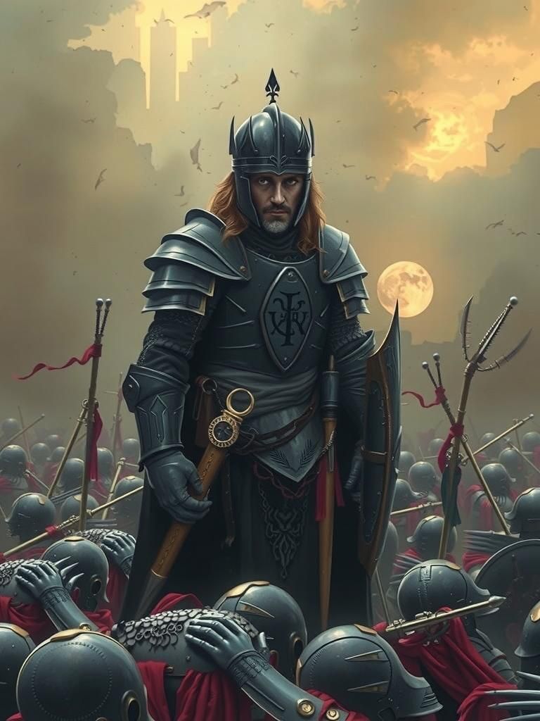 Weary Warrior King in Desolate Battlefield Sunset