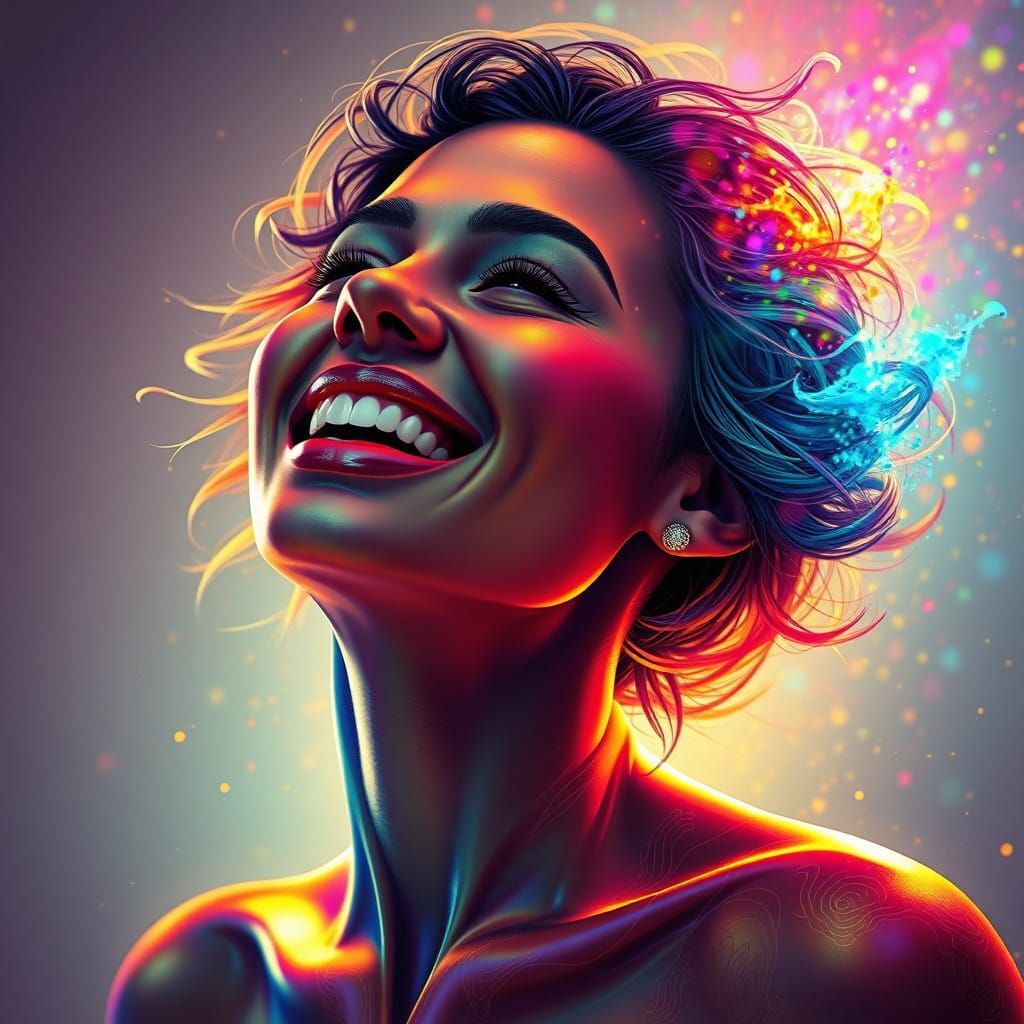 Euphoric Woman Radiates Joy in Vibrant Art Nouveau Portrait