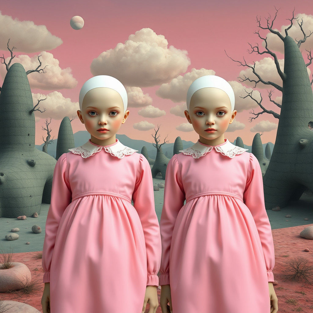 Surreal Twin Sisters in Dream Landscape