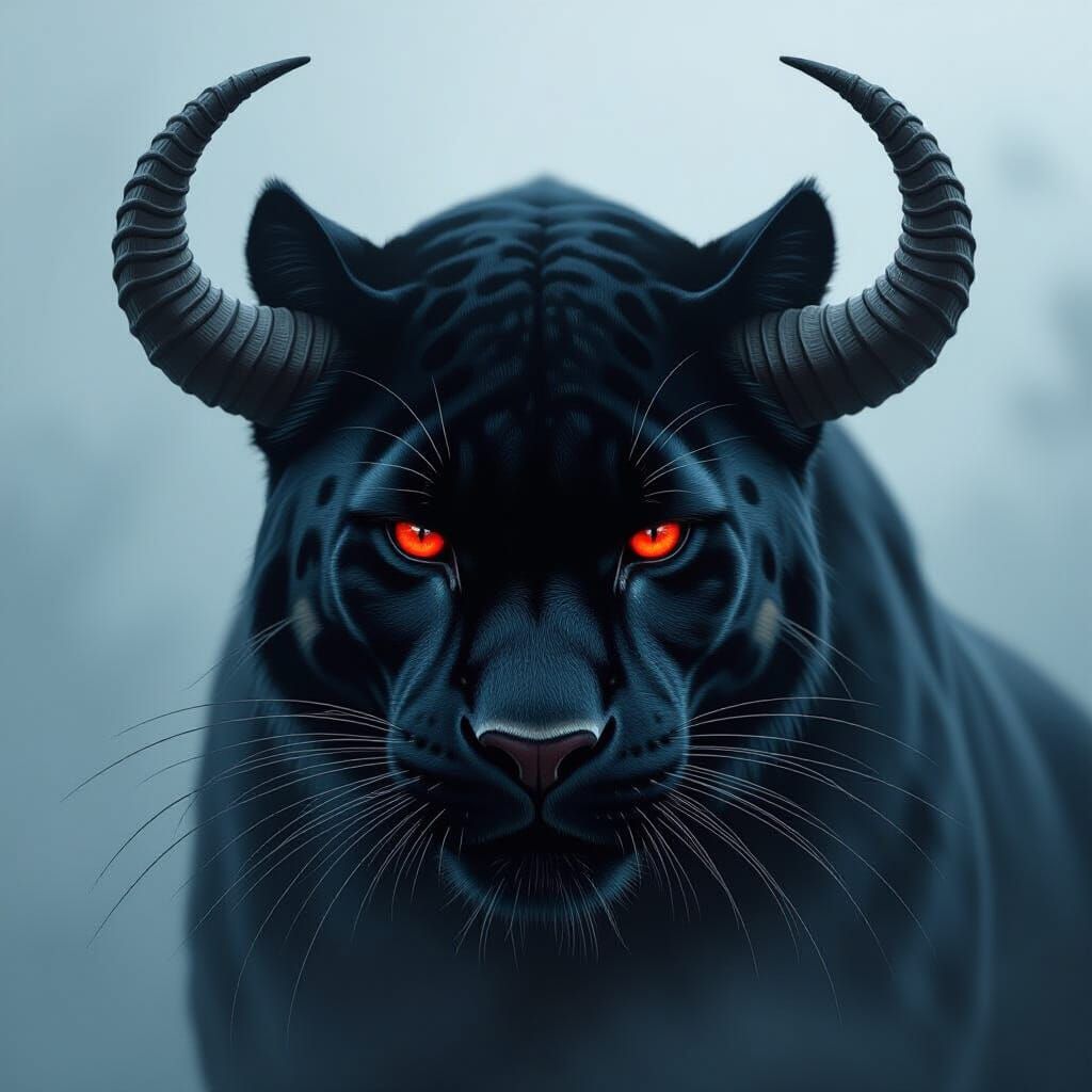 Horned Panther with Red Eyes in Dark Fantasy Style