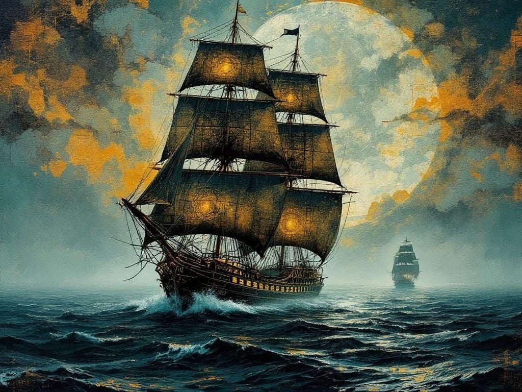 Sailing Ship in Fog: Mixed-Media Collage Art