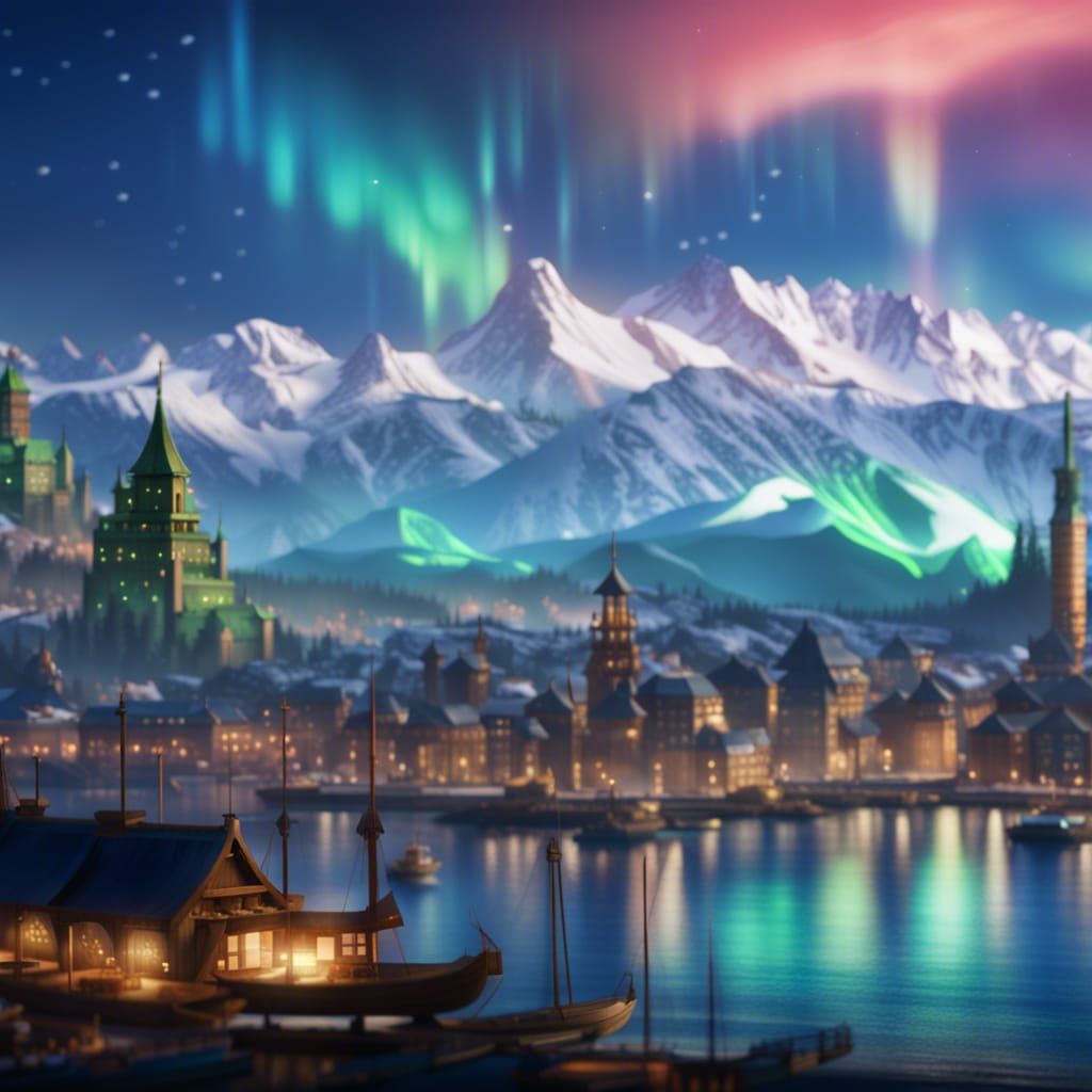 Epic Fantasy City with Northern Lights, Digital Art
