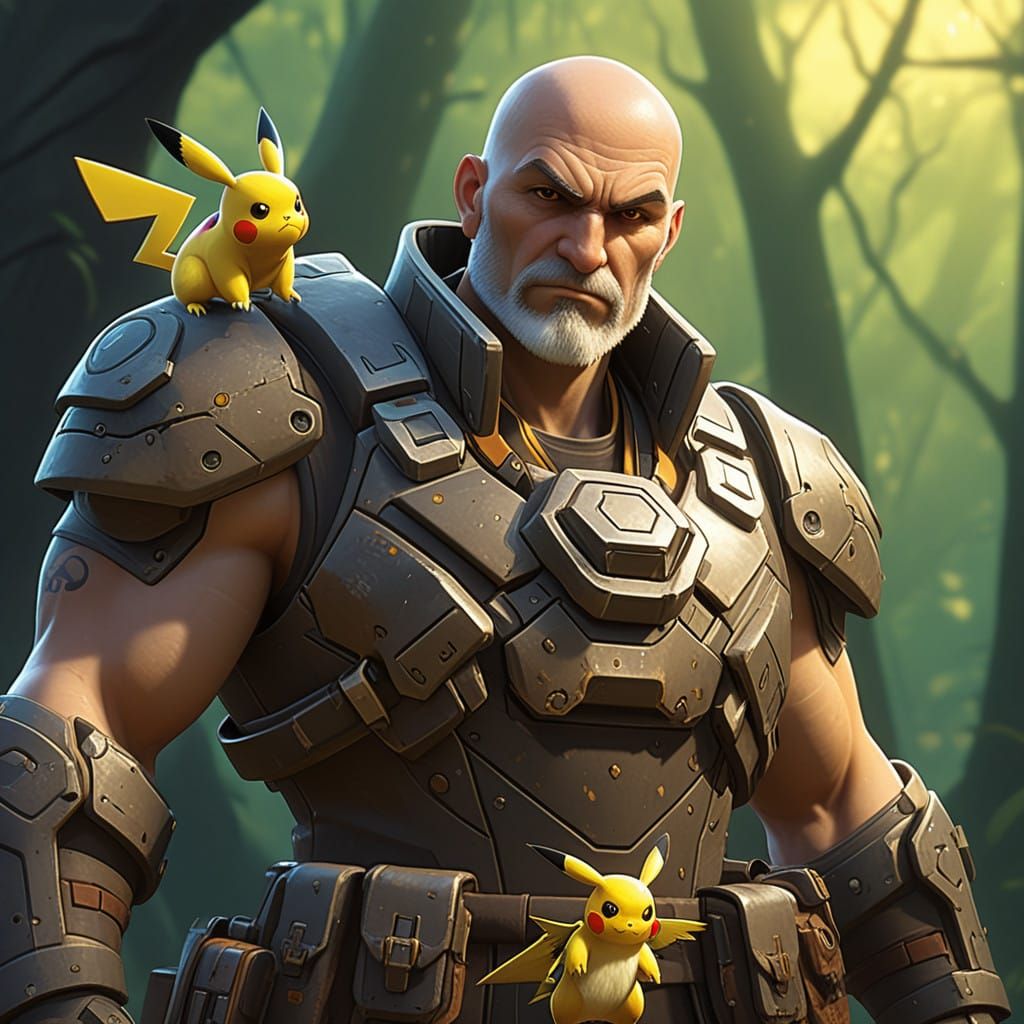 Robust Man Surrounded by Fantastical Pokémon in Earthy Tones