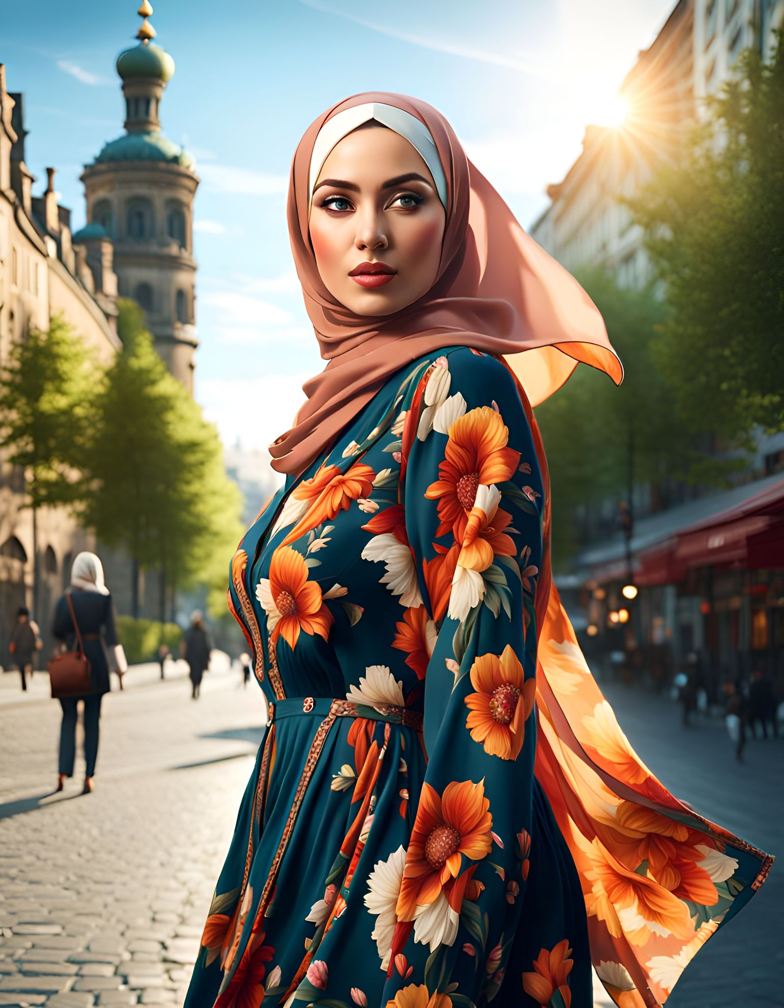 Curvy Hijabi Woman in Floral Dress, Digital Art