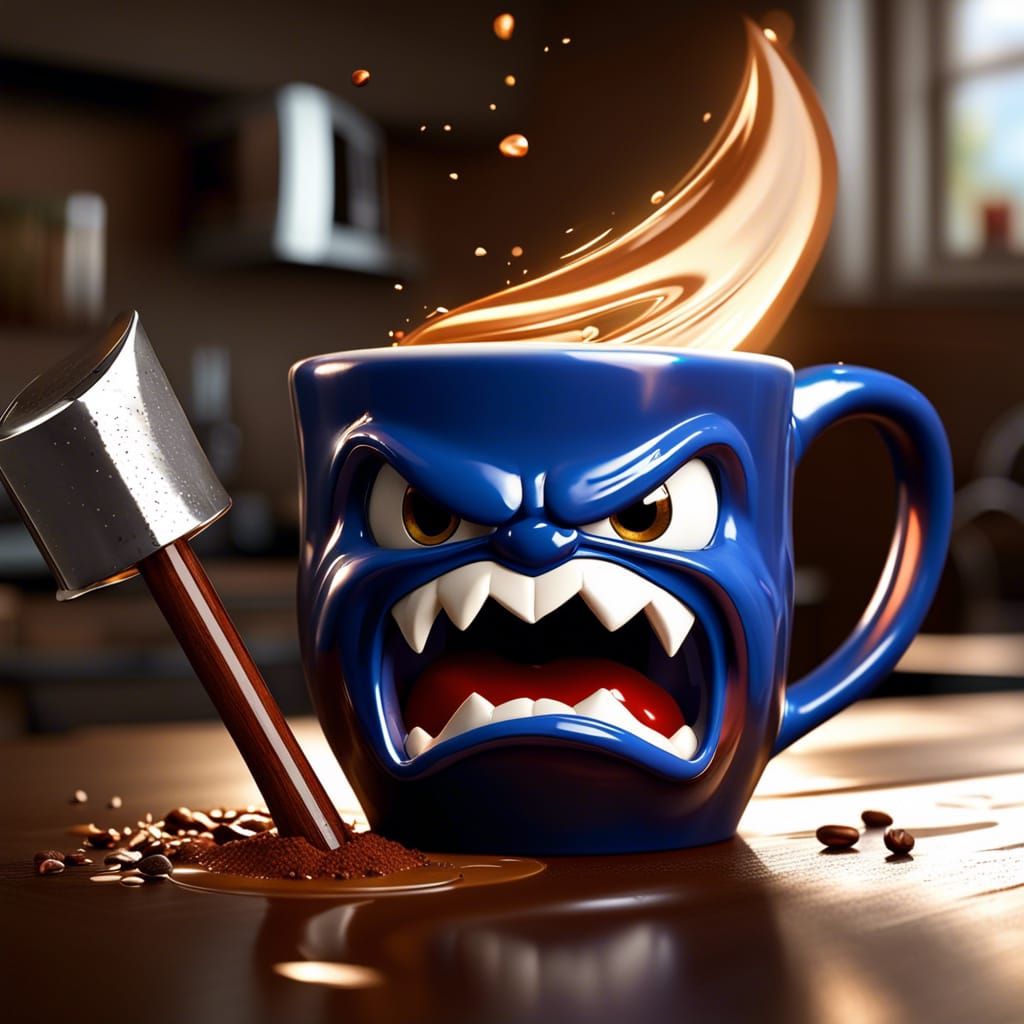Crazy and angry coffee mug hitting itself with hammer