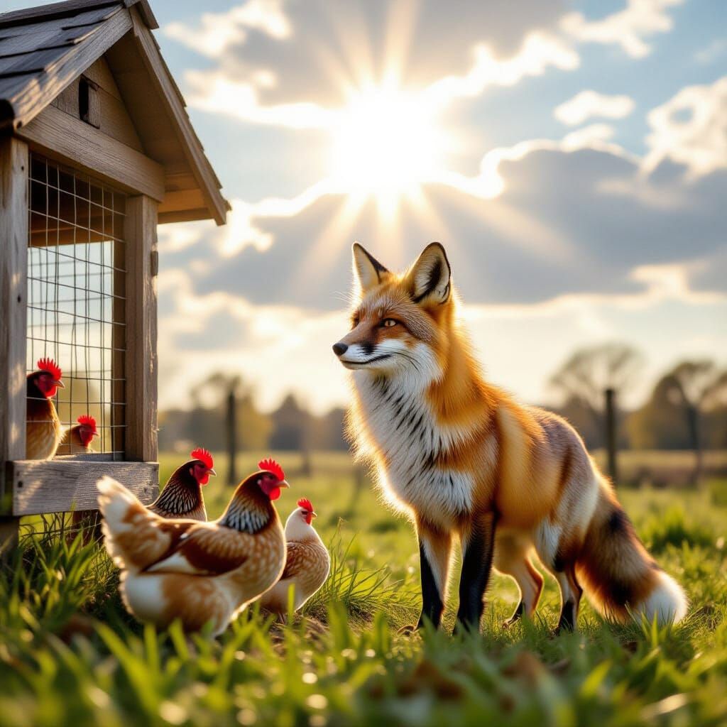 Noble Fox Guards Hen House in Divine Sunshine