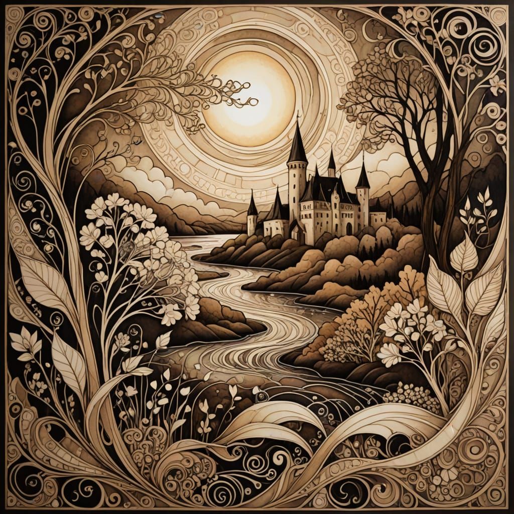 Ethereal Medieval Landscape With Zentangle Patterns