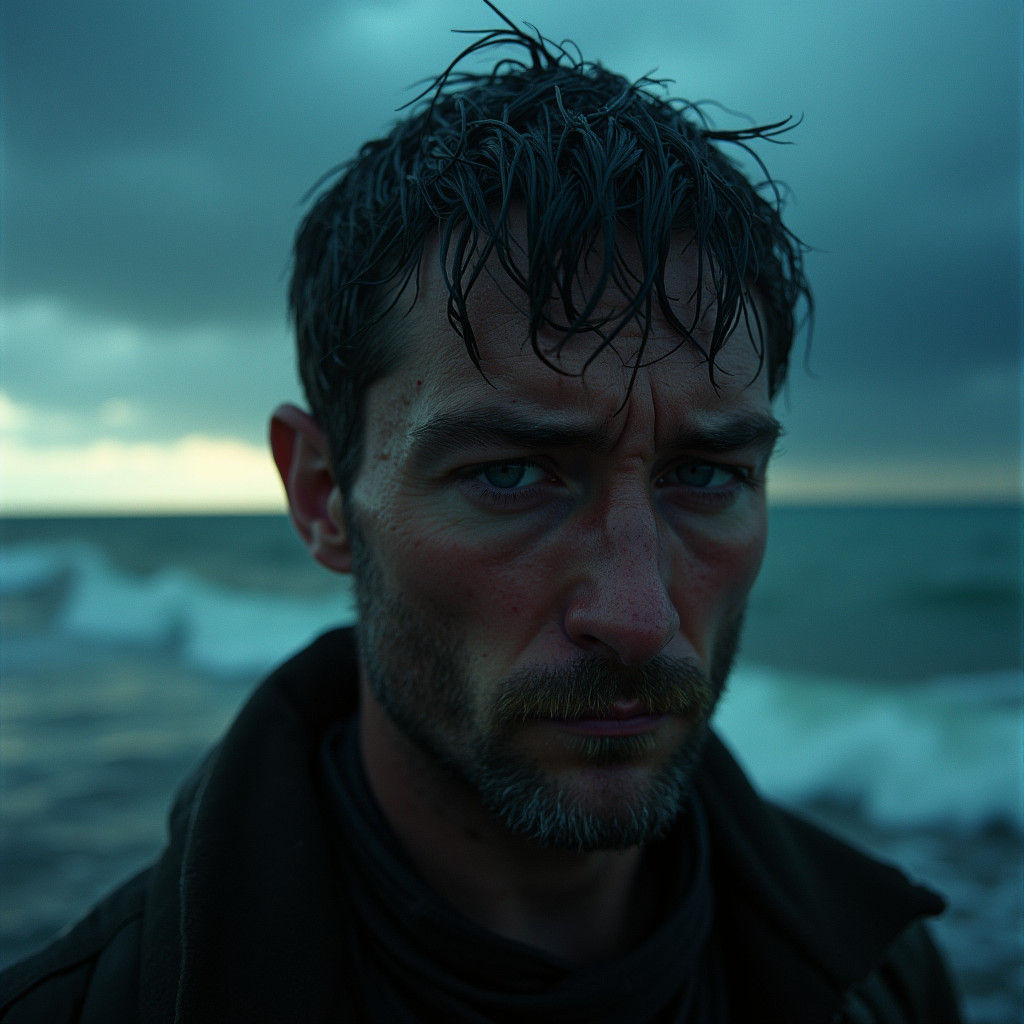 Exhausted Face in Torrential Rain with Lightning Flash