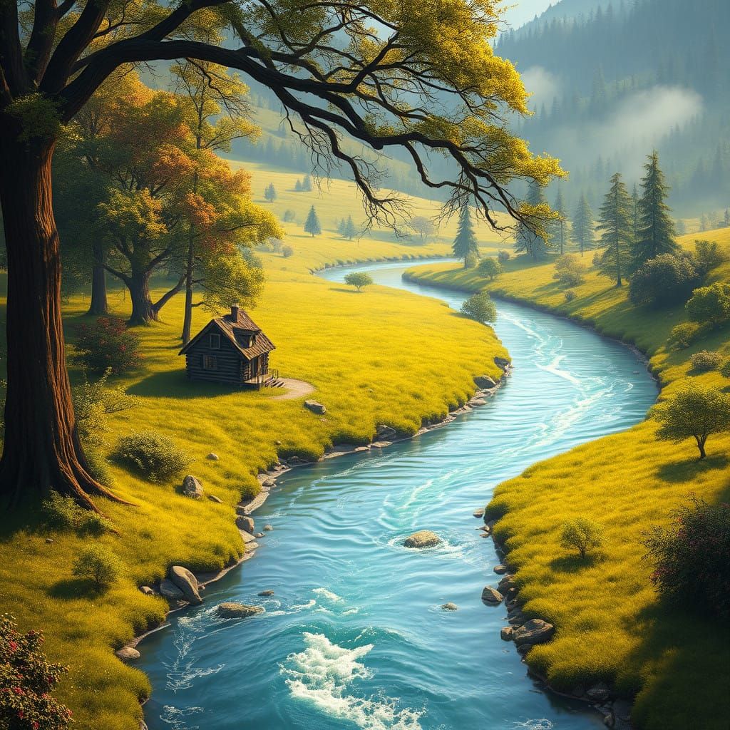 River in Emerald Meadow with Wooden Cabin in Majestic Meande...
