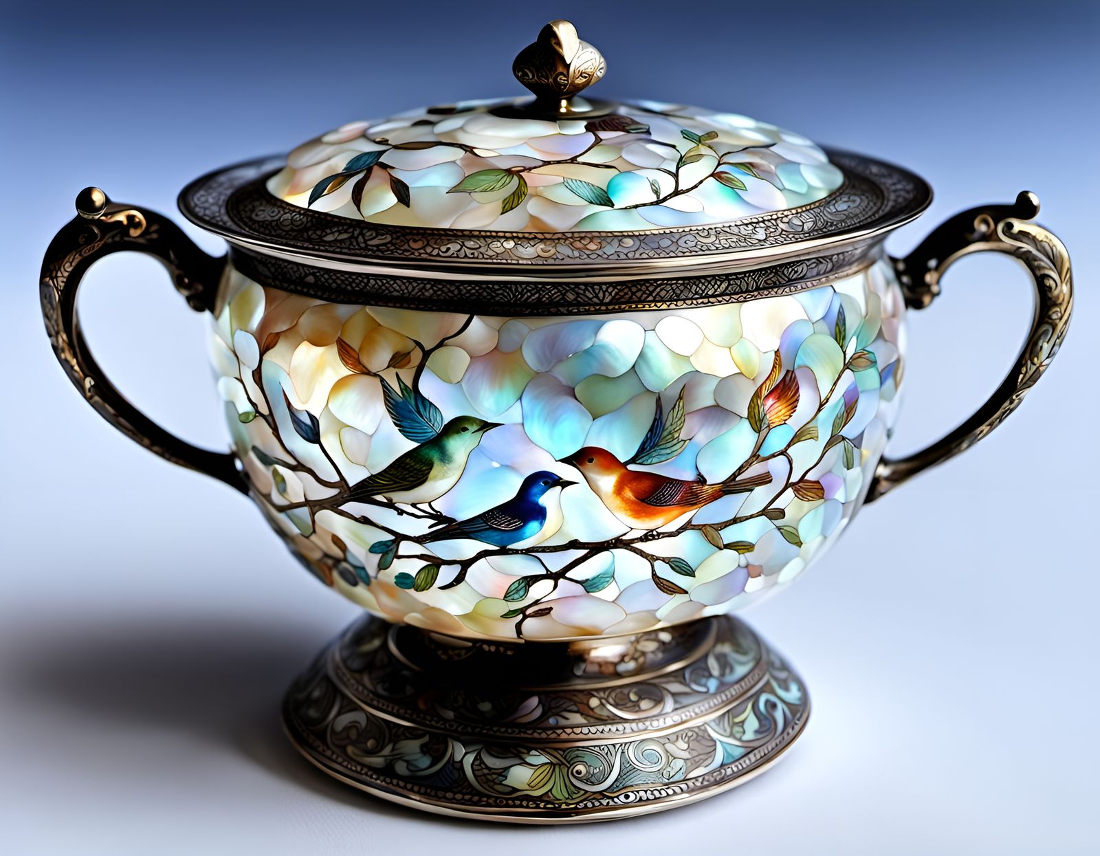 Mother of Pearl Sugar Bowl with Bird Imagery
