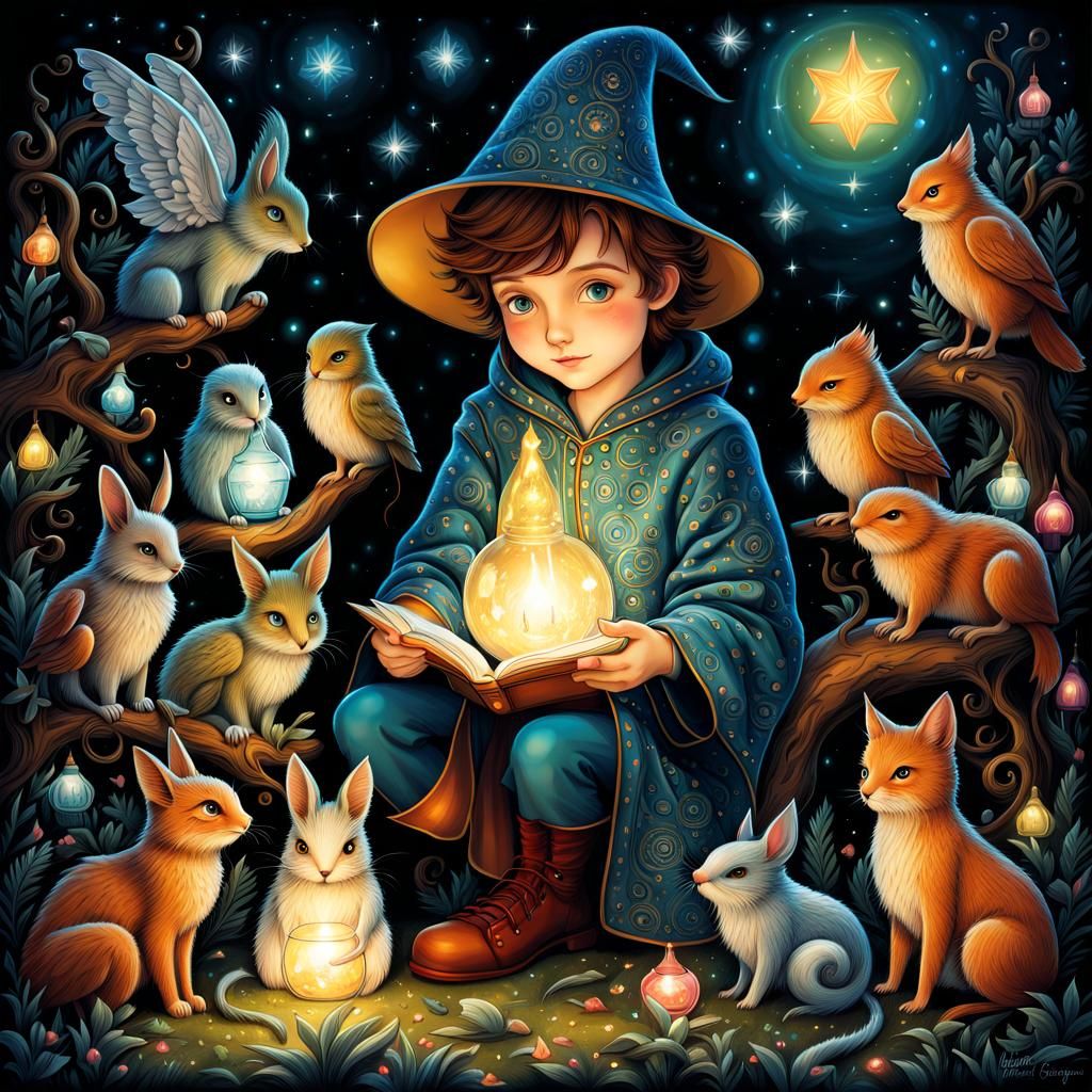 Whimsical Young Wizard with Magical Creatures