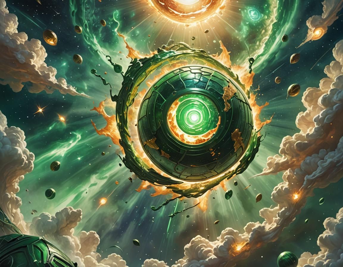 Abstract Planet with Green Lantern in Cosmic Oil Painting