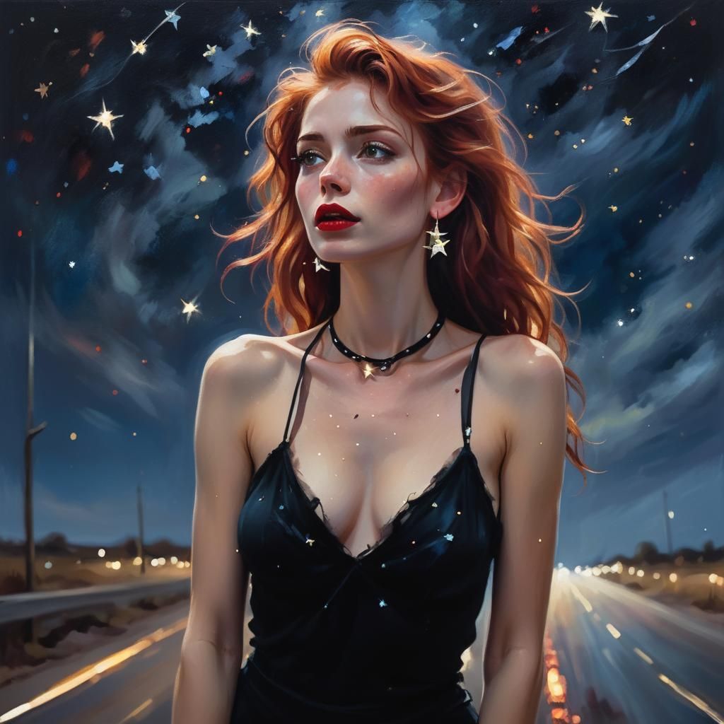 Woman in Black Top Under Starry Sky