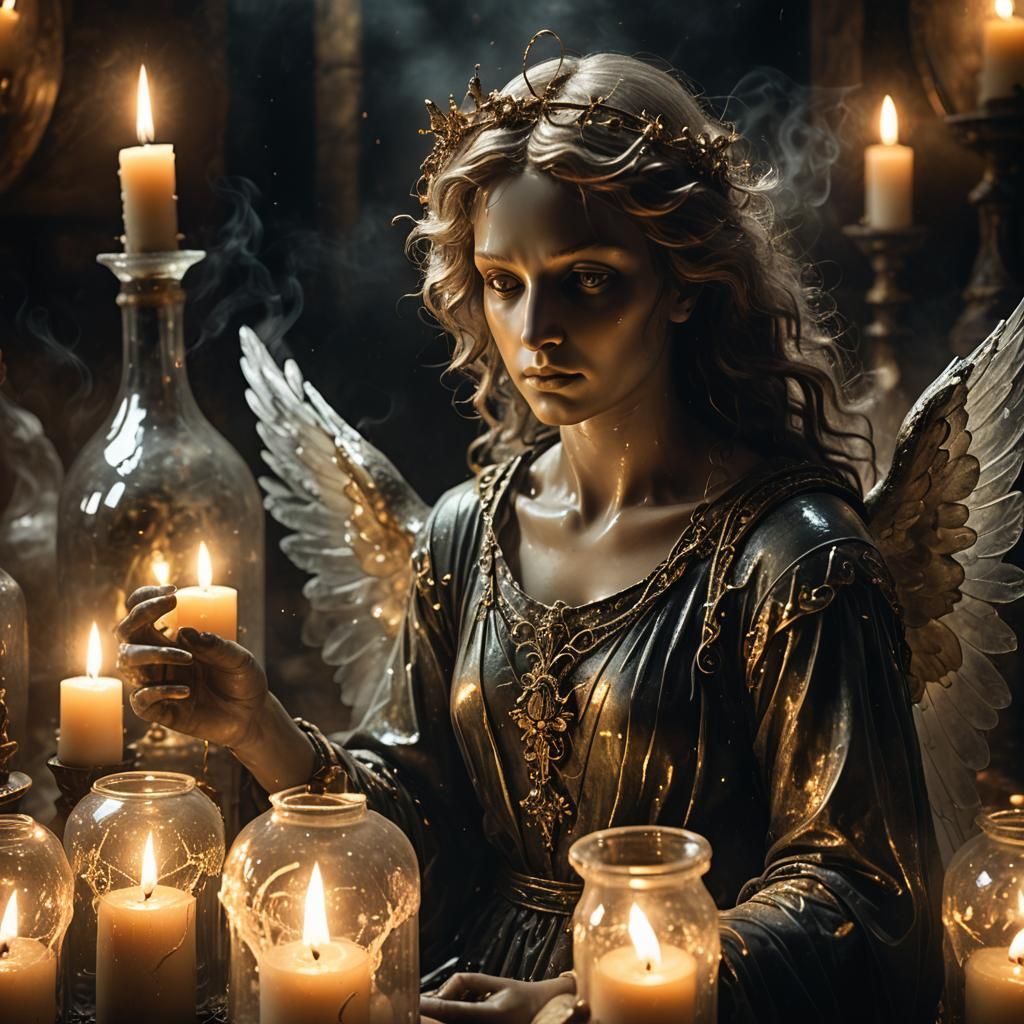 Angel Trapped in Antique Bottle: Dark Fantasy Art