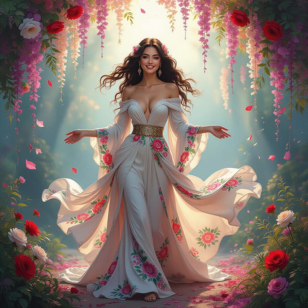 A stunning woman in a flowing garment adorned with vibrant f...