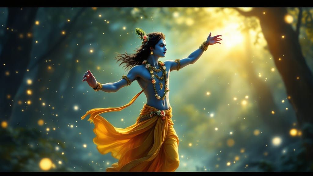 Lord Krishna Dancing in Moonlit Vrindavan Forest
