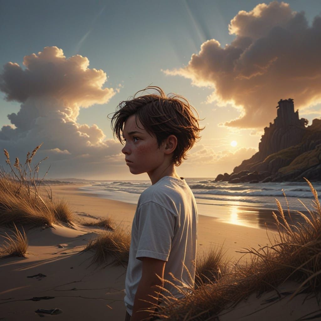 A Young Boy Standing Alone on a Serene Beach at Sunset