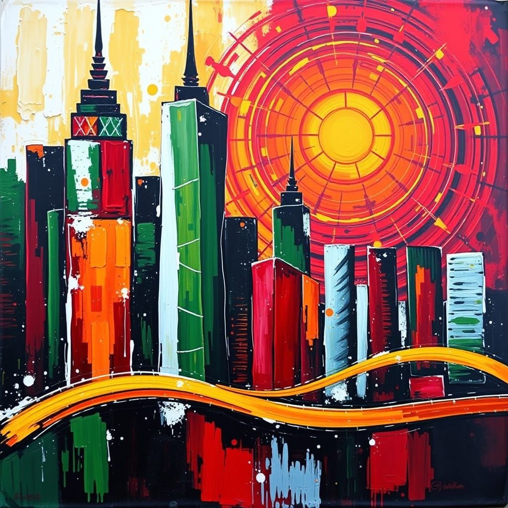 Vibrant Abstract Cityscape Painting with Bold Colors