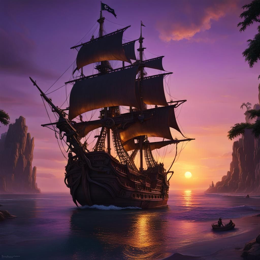 Pirate Ship at Sunset: A Dark Fantasy Masterpiece