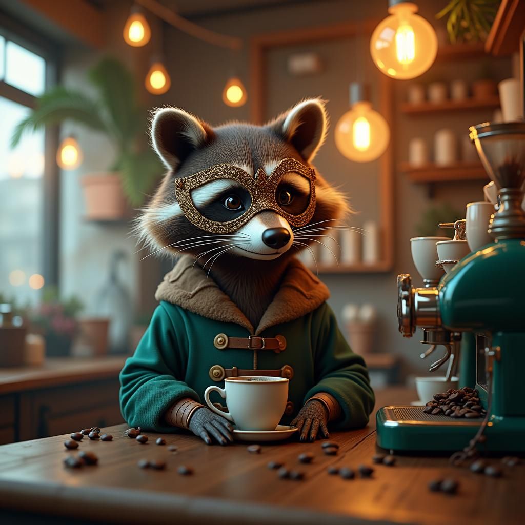 Raccoon in Coffee Shop: Detailed Matte Painting
