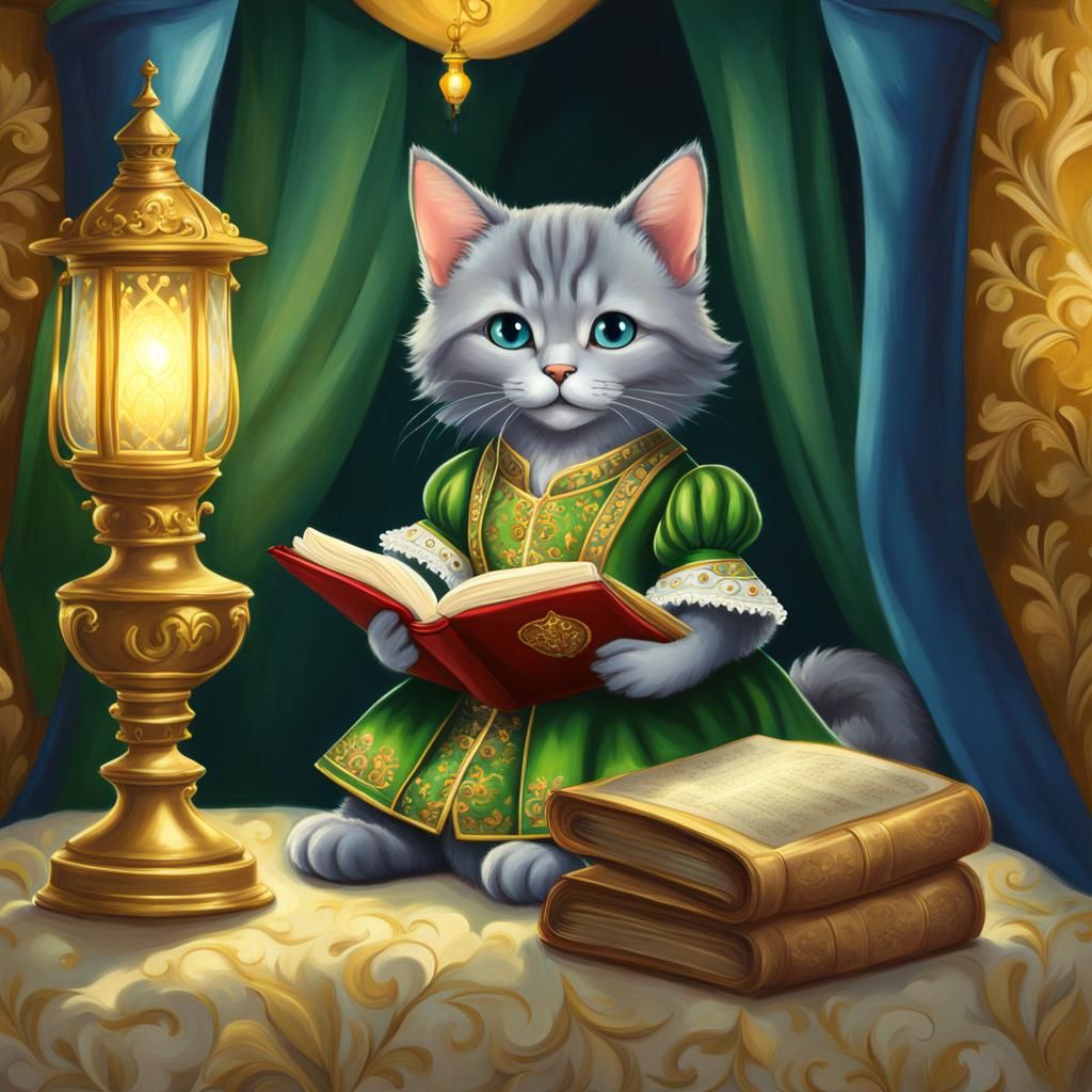 Chibi Russian Blue Kitten in Baroque Style