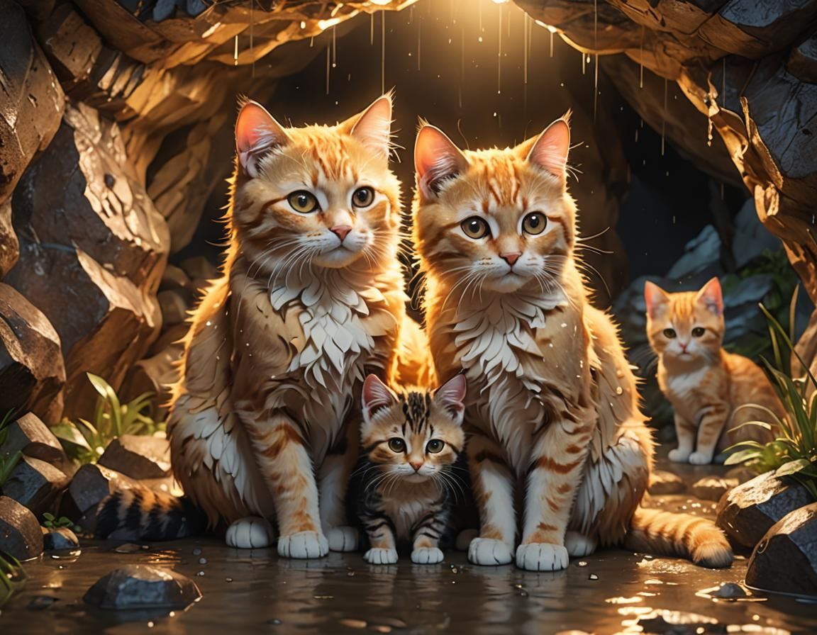 Anime Cat and Kittens in Cave During Rainstorm