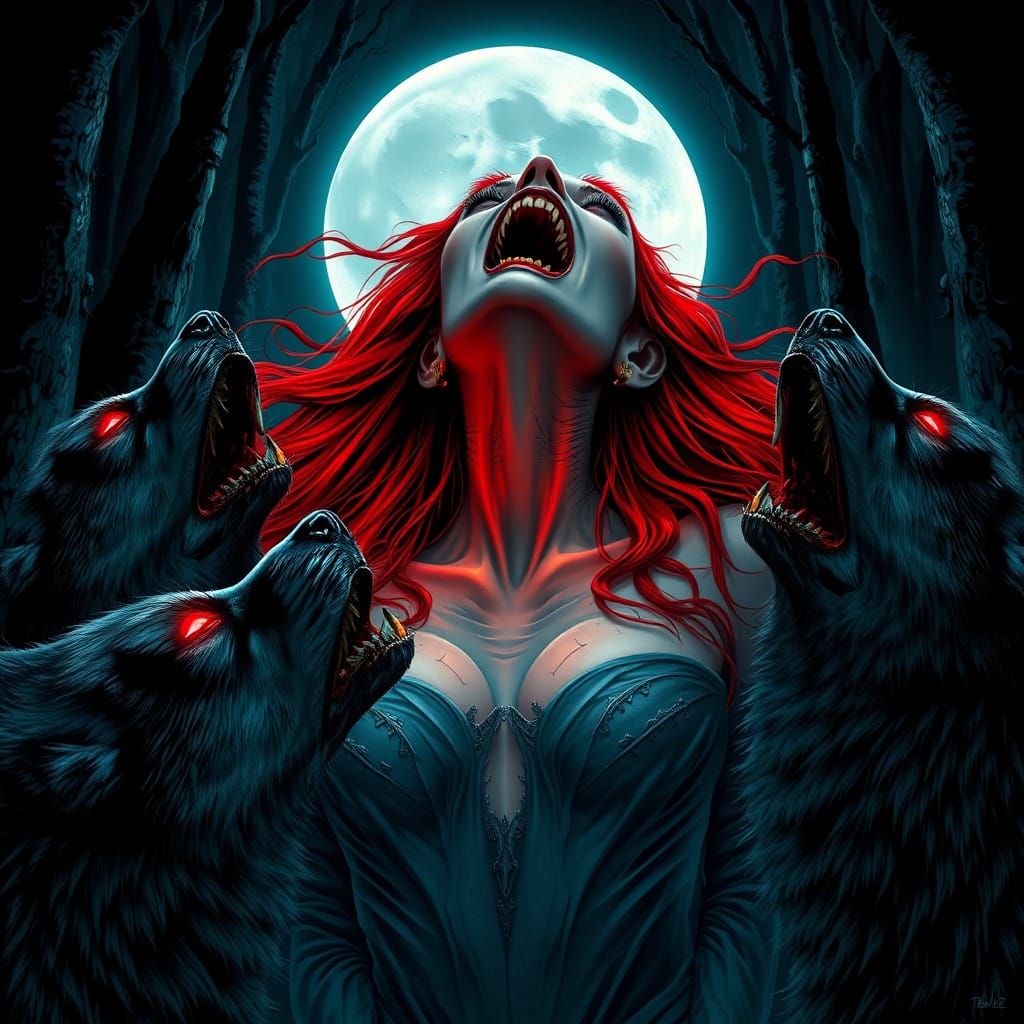 Pale Vampire Howling at Moon in Surreal Horror Style