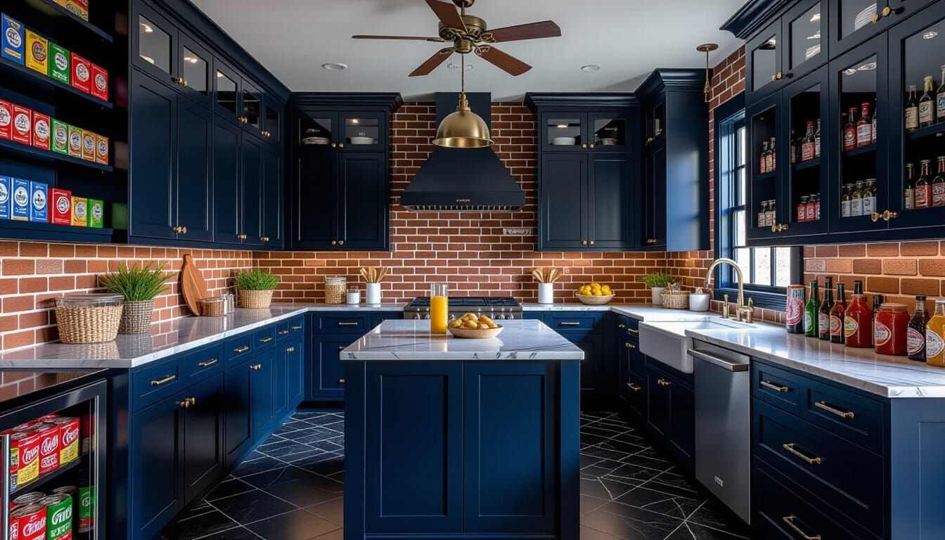 Victorian Storage Room with Dark Blue and Brick Accents