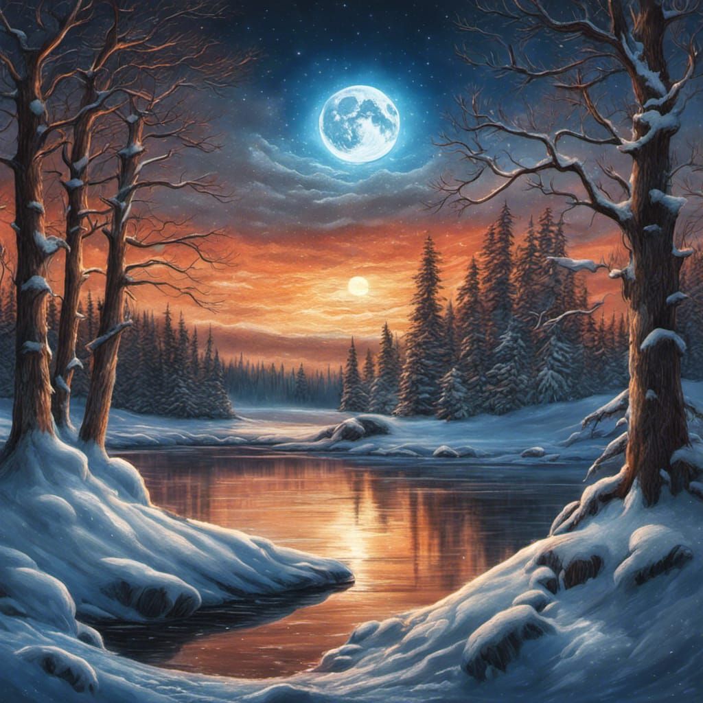 Frozen Lake Bonfire Under a Full Moon in Colored Pencil Styl...