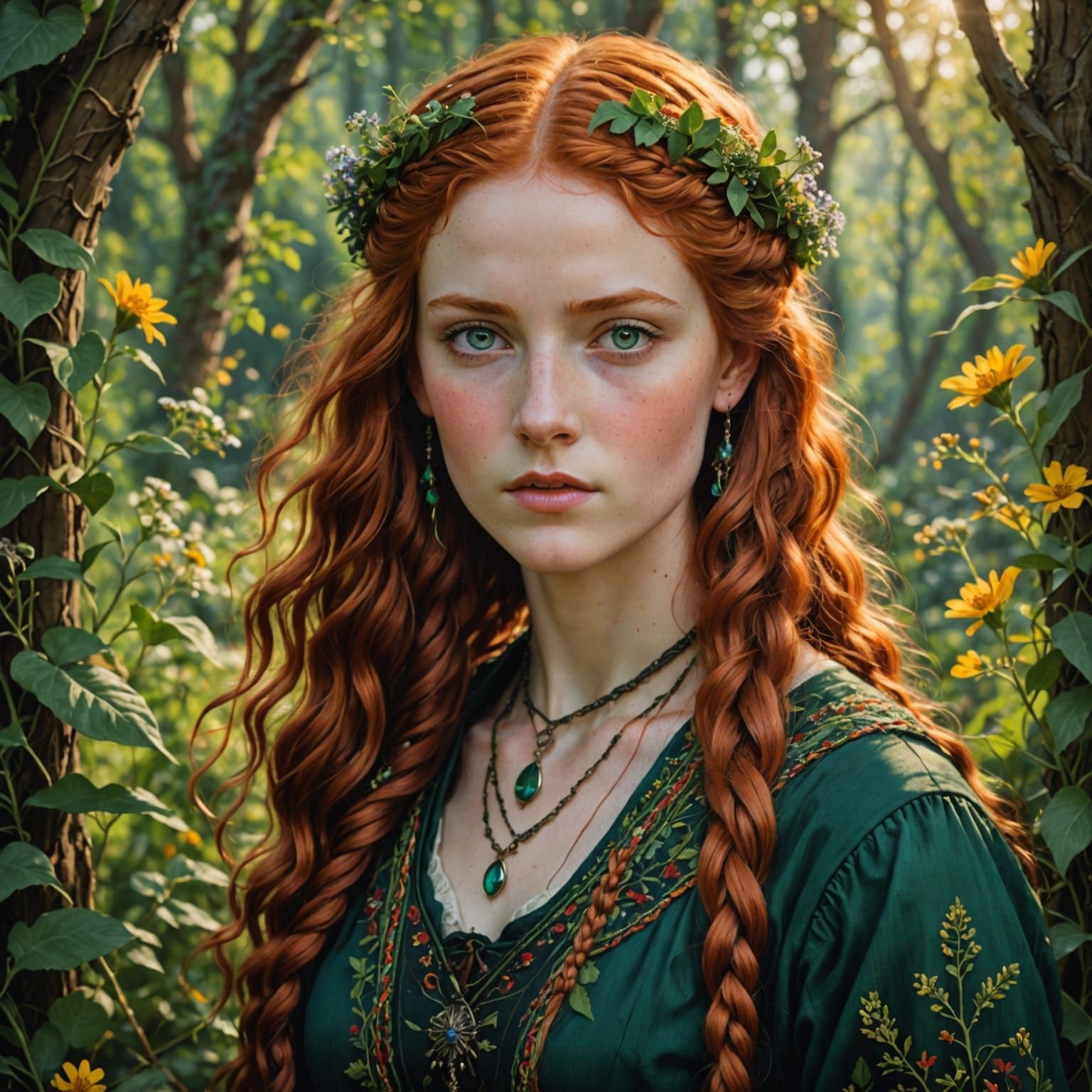 Photorealistic Portrait of Woman with Emerald Eyes and Red H...