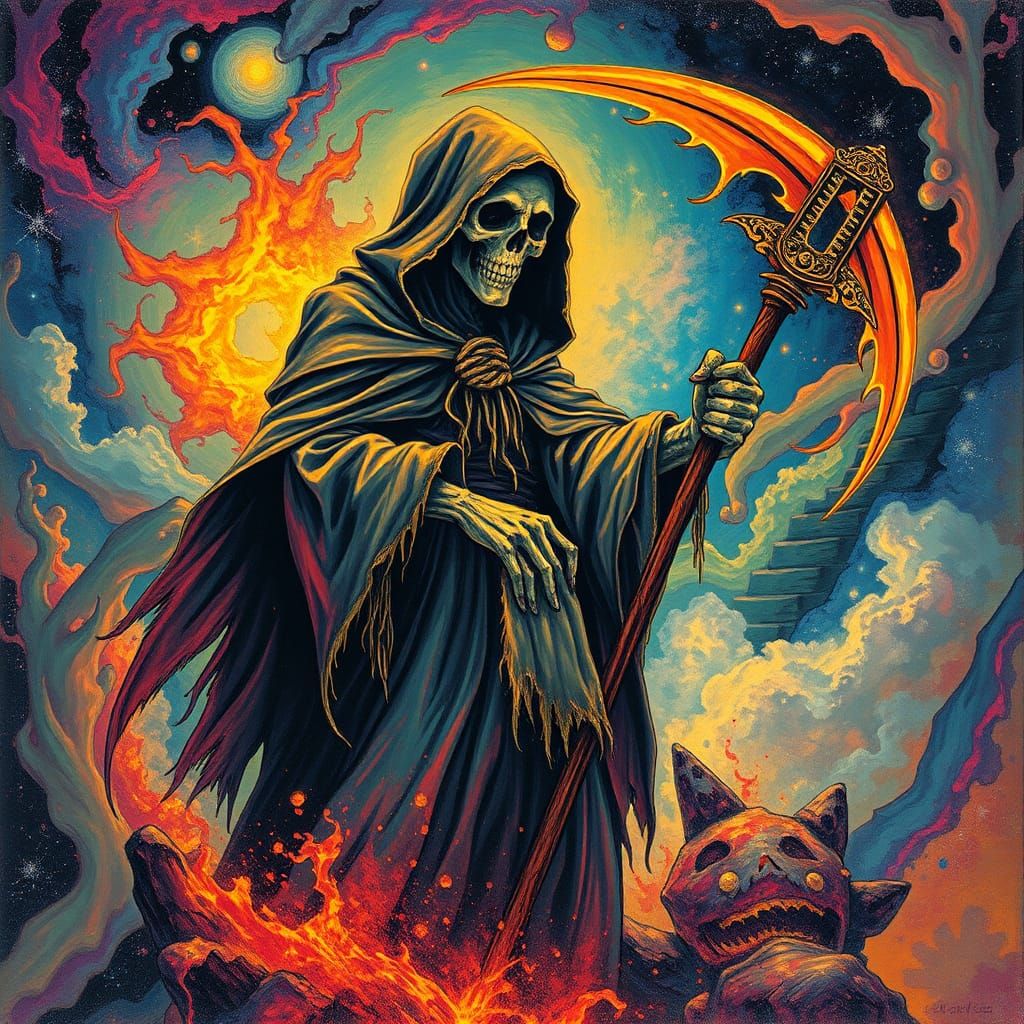 Cosmic Grim Reaper Demolishing Souls in Punk Rock Art