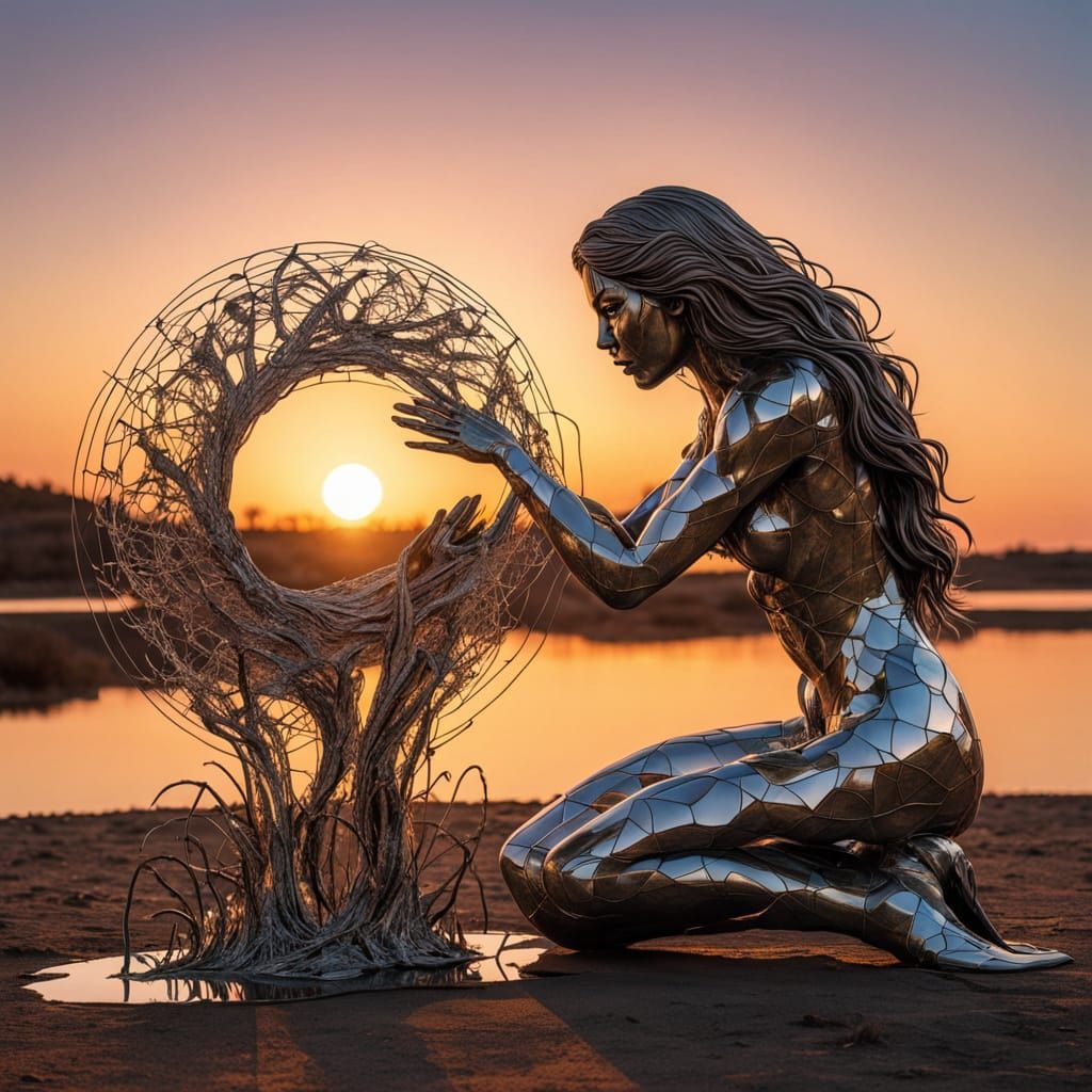 Bio Art Sculpture: Figure at Sunset with Broken Mirrors