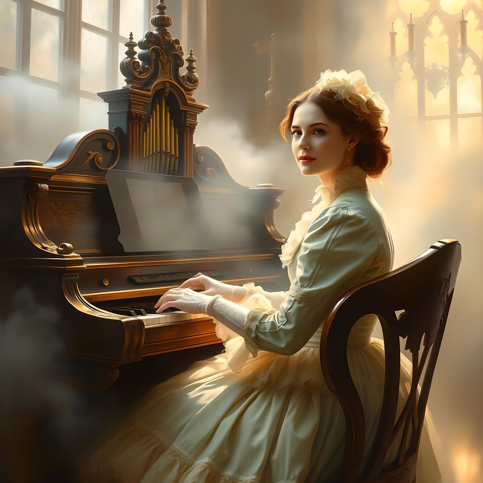 Woman Playing Organ in Neo-Impressionist Style